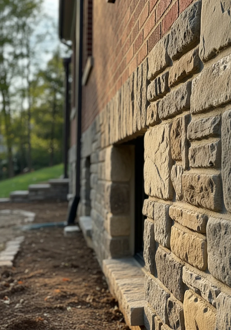 Close-up of a well-maintained residential foundation on a hillside property in Ellicott City.