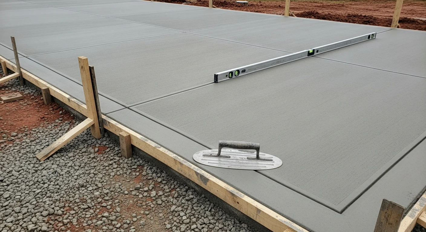 A freshly broom-finished concrete driveway at a residential property in Ellicott City, Maryland, with clean edges and a uniform gray surface. The slab slopes slightly away from the garage to direct water toward the street.