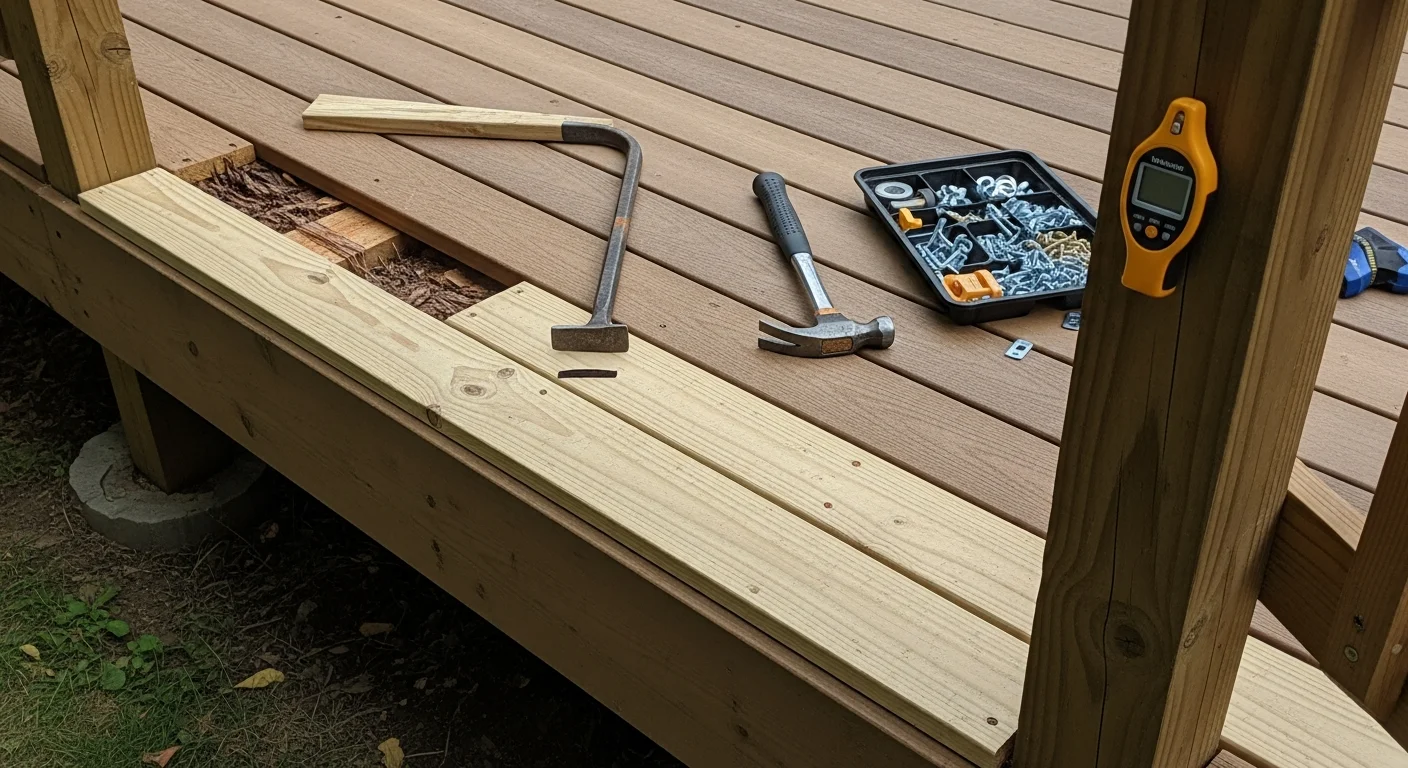 A repaired residential deck in Ellicott City, Maryland showing replaced boards, secure railings, and a level surface on a sloped wooded lot. Close-up view shows tight fasteners and smooth decking after structural repair work by Kurdishdeckgurup.