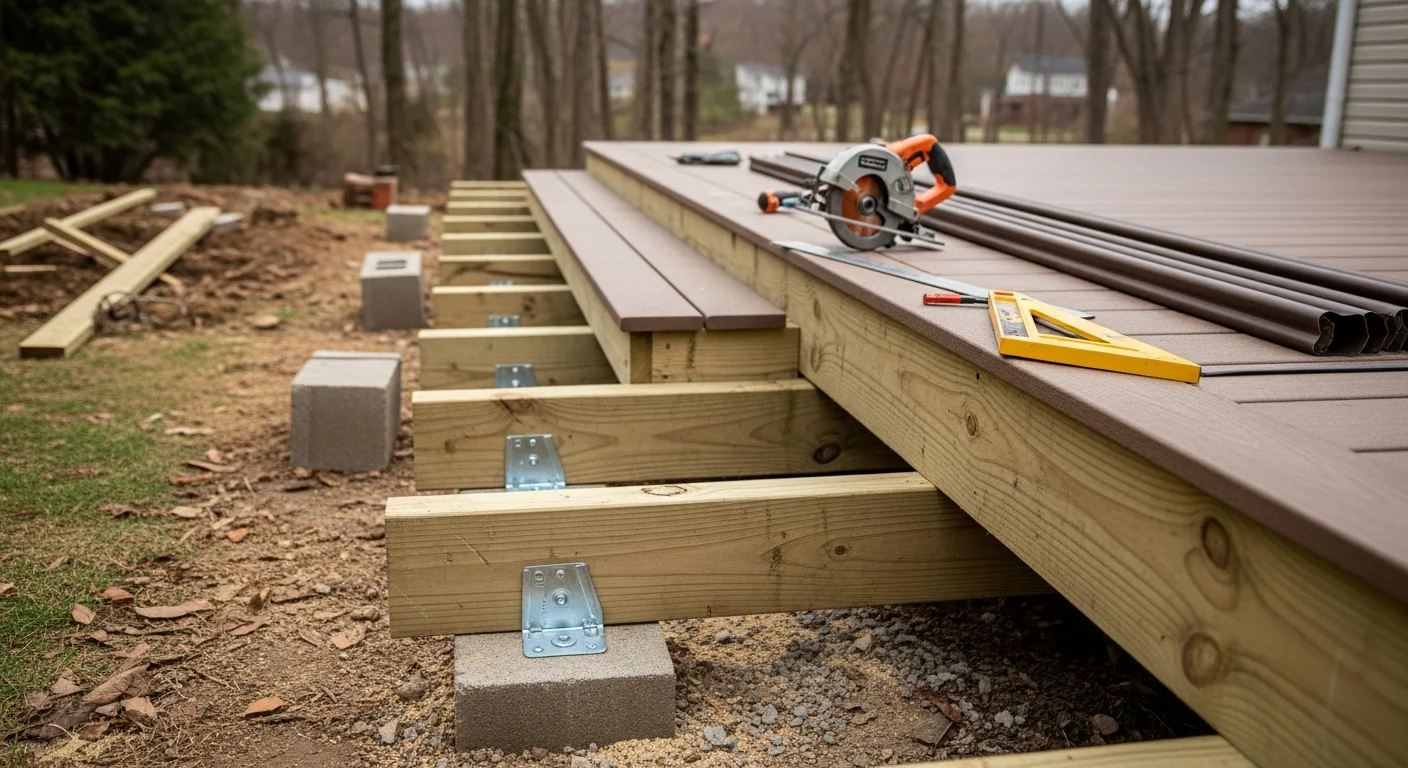 A newly completed deck replacement on a residential home in Ellicott City, Maryland, showing fresh decking boards, updated railings, and a clean post-and-beam frame. The structure sits above a sloped backyard typical of Howard County properties.