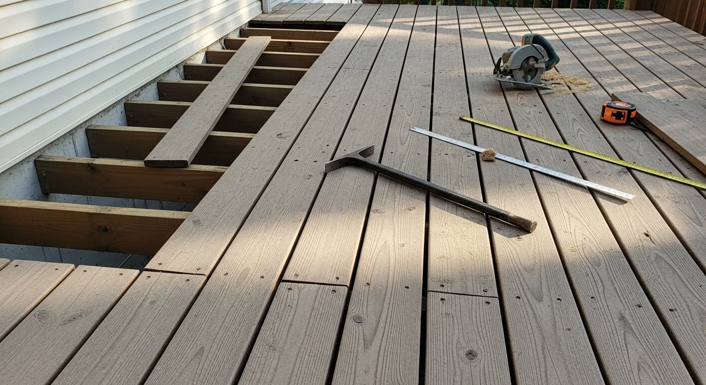 A freshly upgraded residential deck in Ellicott City, Maryland, showing new surface boards, clean railings, and a defined seating area on a suburban home. The structure reflects weather-resistant materials suited to Howard County's four-season climate.