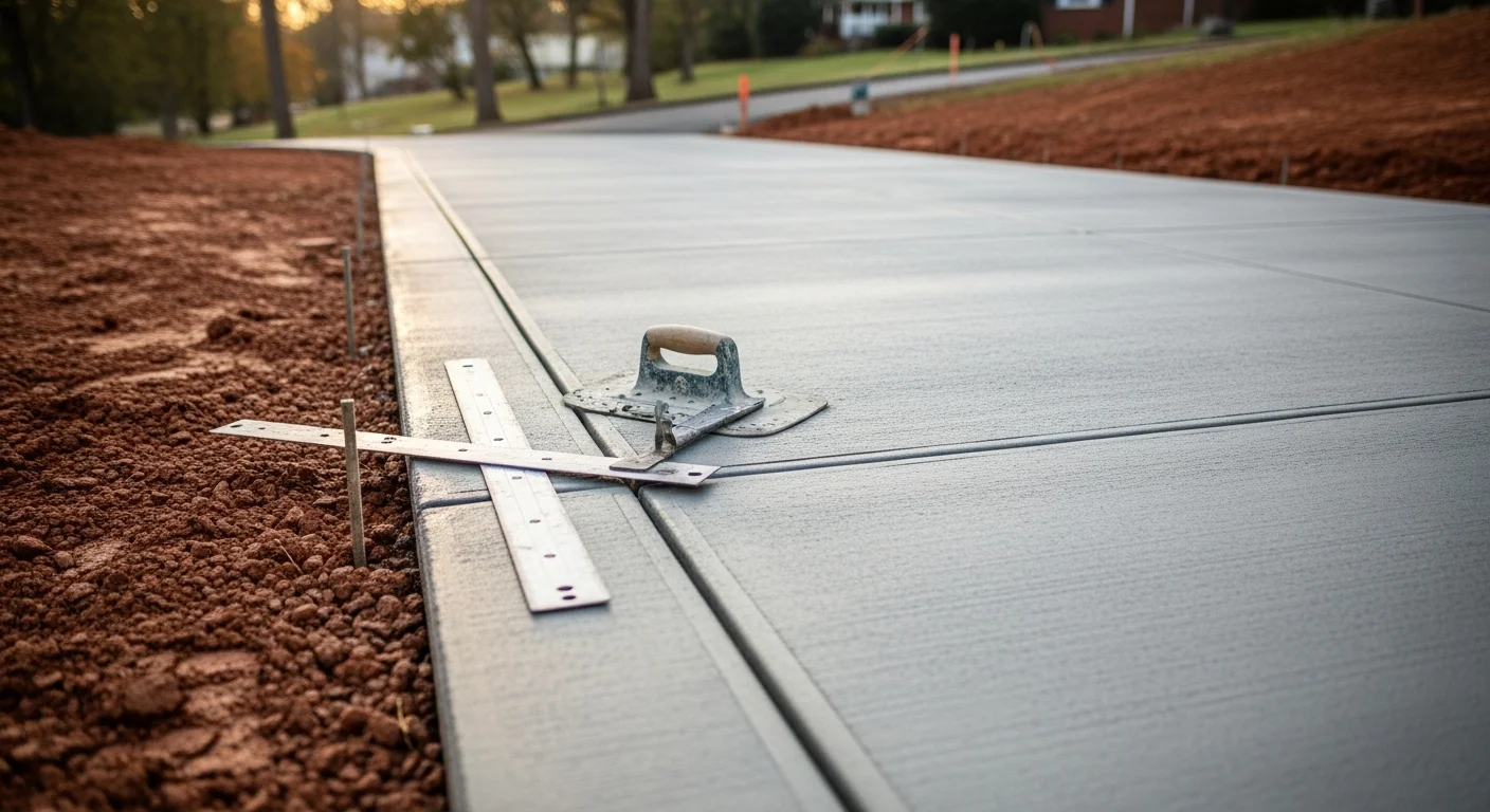 Newly installed concrete driveway at a residential property in Ellicott City, Maryland, showing a smooth, broom-finished surface with clean edges and proper slope away from the home. The surrounding yard reflects a typical Howard County residential lot with mature landscaping.