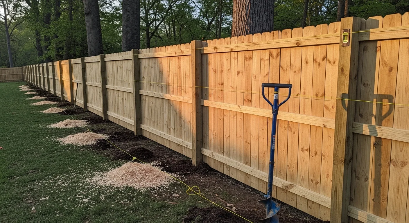 A newly installed wood privacy fence along the backyard boundary of a single-family home in Ellicott City, Maryland. The fence runs level across a gently sloped suburban lot with mature trees visible in the background.