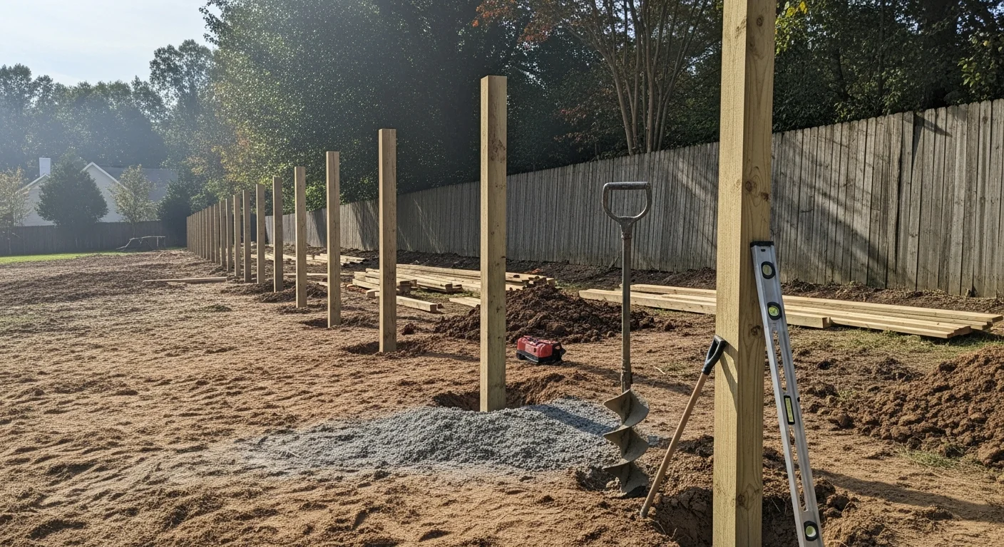 A newly installed wood privacy fence along the backyard property line of a residential home in Ellicott City, Maryland. Fresh posts are set in concrete footings with clean panel lines running across a graded suburban yard.