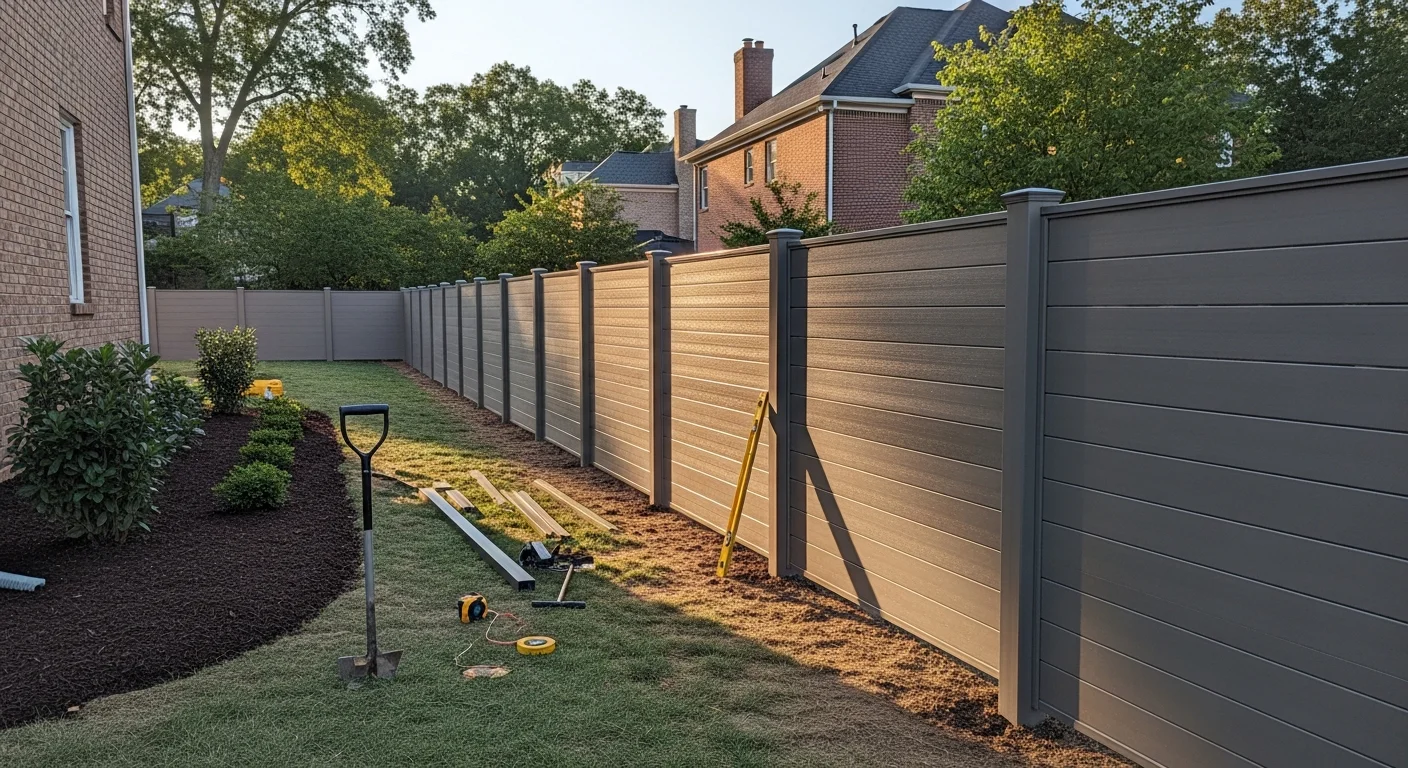 A tall solid-panel privacy screen installed along the back property line of a residential yard in Ellicott City, Maryland, with a patio and lawn visible on the interior side. The panels are evenly spaced and plumb, set against a suburban backyard with mature trees in the background.