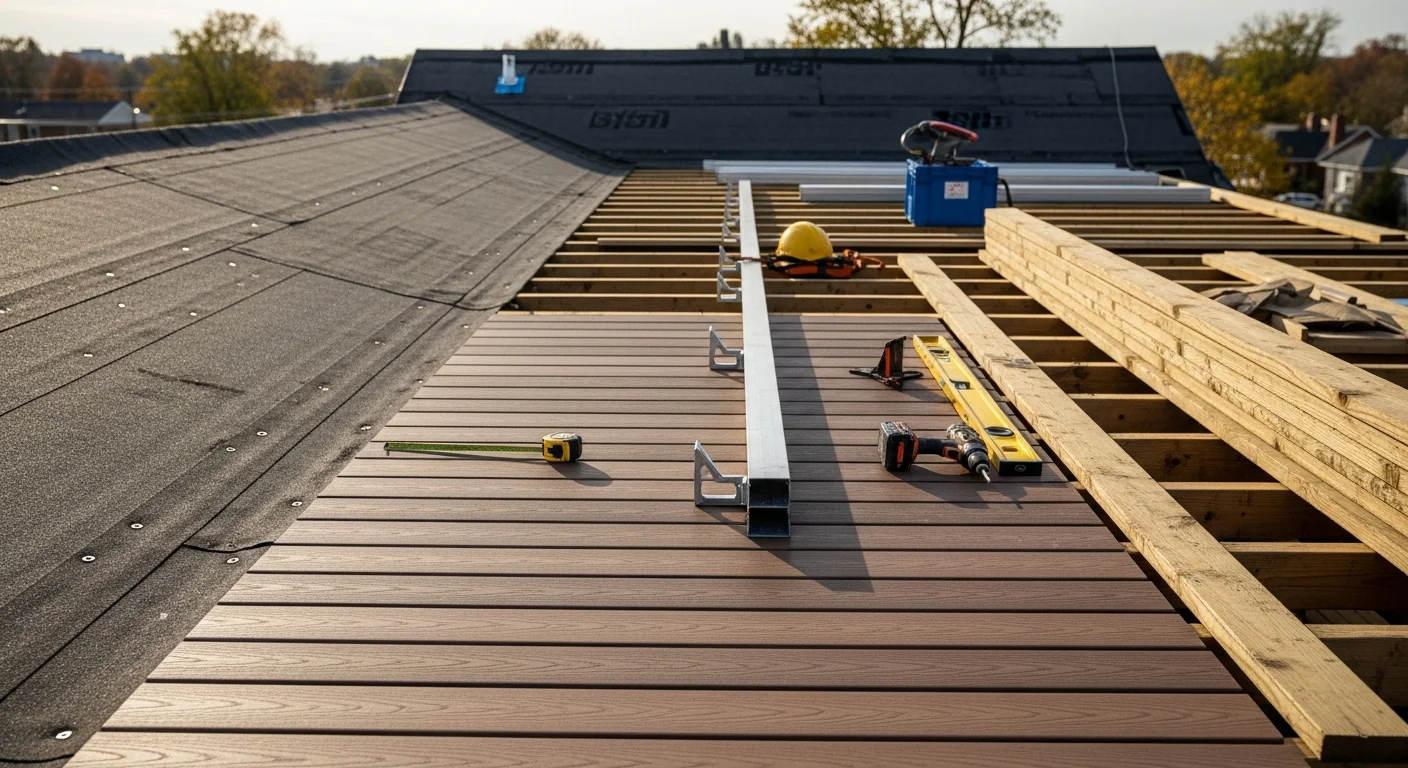 A completed rooftop deck installed on a residential home in Ellicott City, Maryland, featuring a low-maintenance decking surface, perimeter railings, and open sky views above a Howard County neighborhood. The deck surface shows clean framing lines and a drainage-ready layout suited to Maryland's four-season climate.