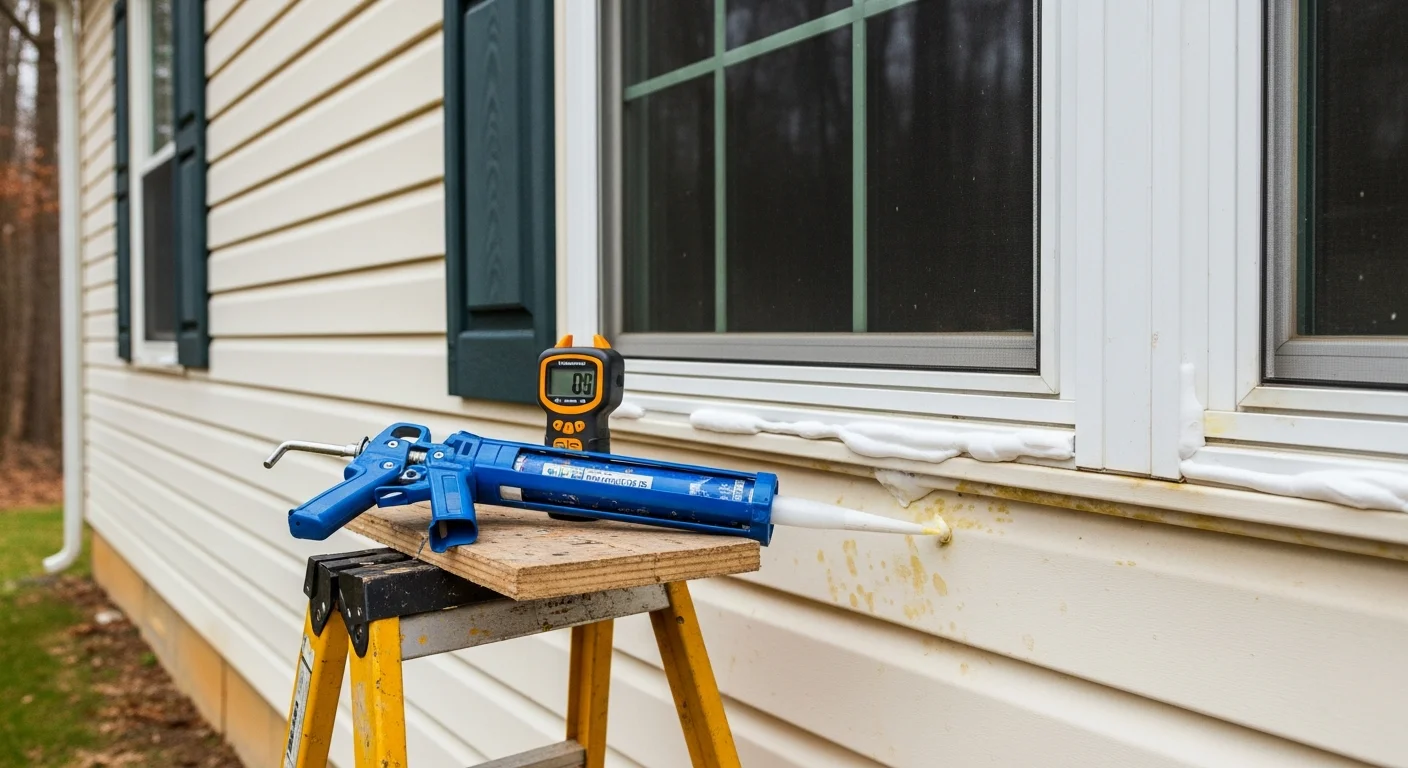 A siding contractor from Kurdishdeckgurup inspecting exterior panels on an Ellicott City, MD home, checking seams and trim for cracks and moisture damage. Close-up view of maintained siding along a wooded residential lot in Howard County.
