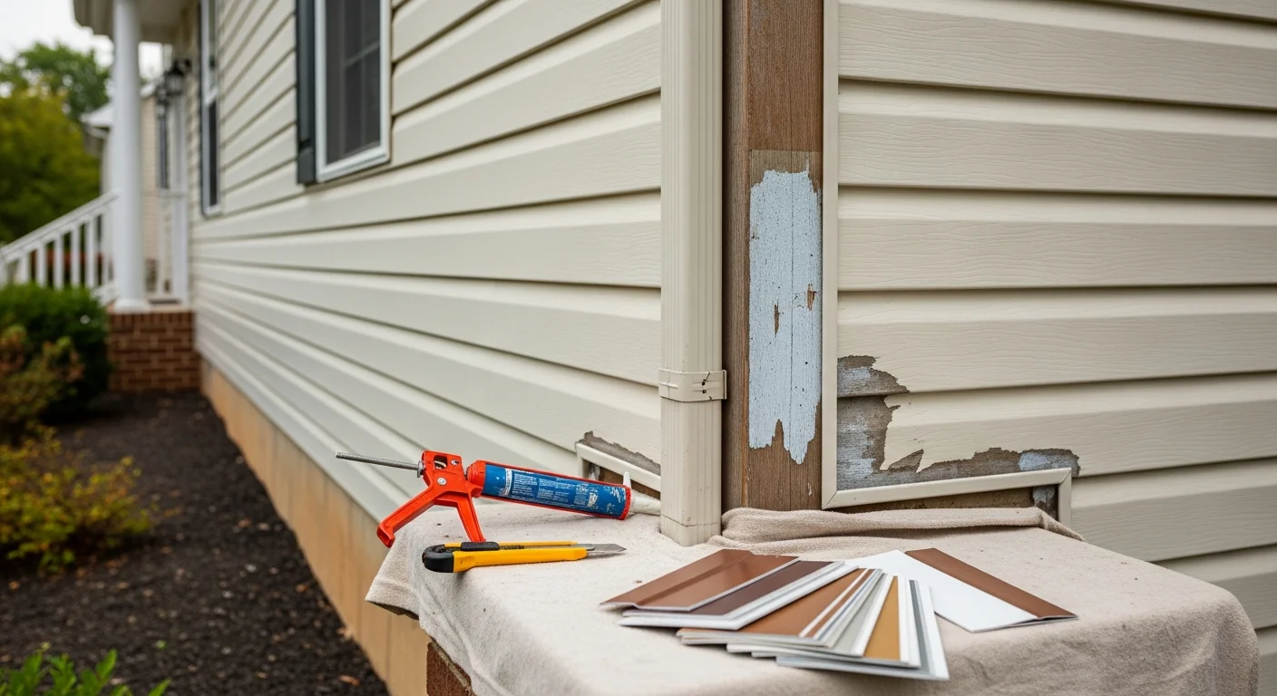 Repaired exterior siding panels on a residential home in Ellicott City, Maryland, showing flush-fitted sections with sealed joints along the front wall. Close-up view of a completed siding repair with matched panel color on a Howard County property.