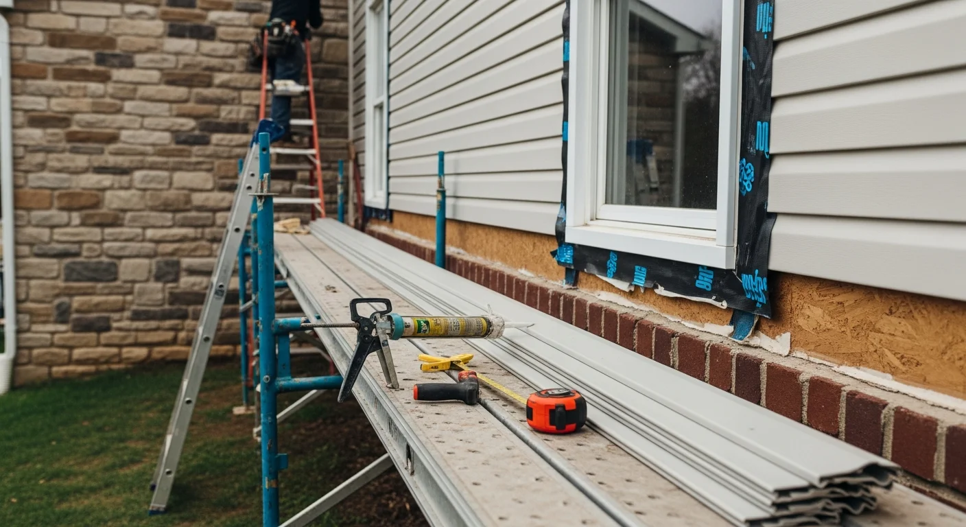 Completed siding replacement on a residential home in Ellicott City, Maryland, showing new panels with finished trim and flashing. Fresh exterior installed by Kurdishdeckgurup on a colonial-style property in Howard County.